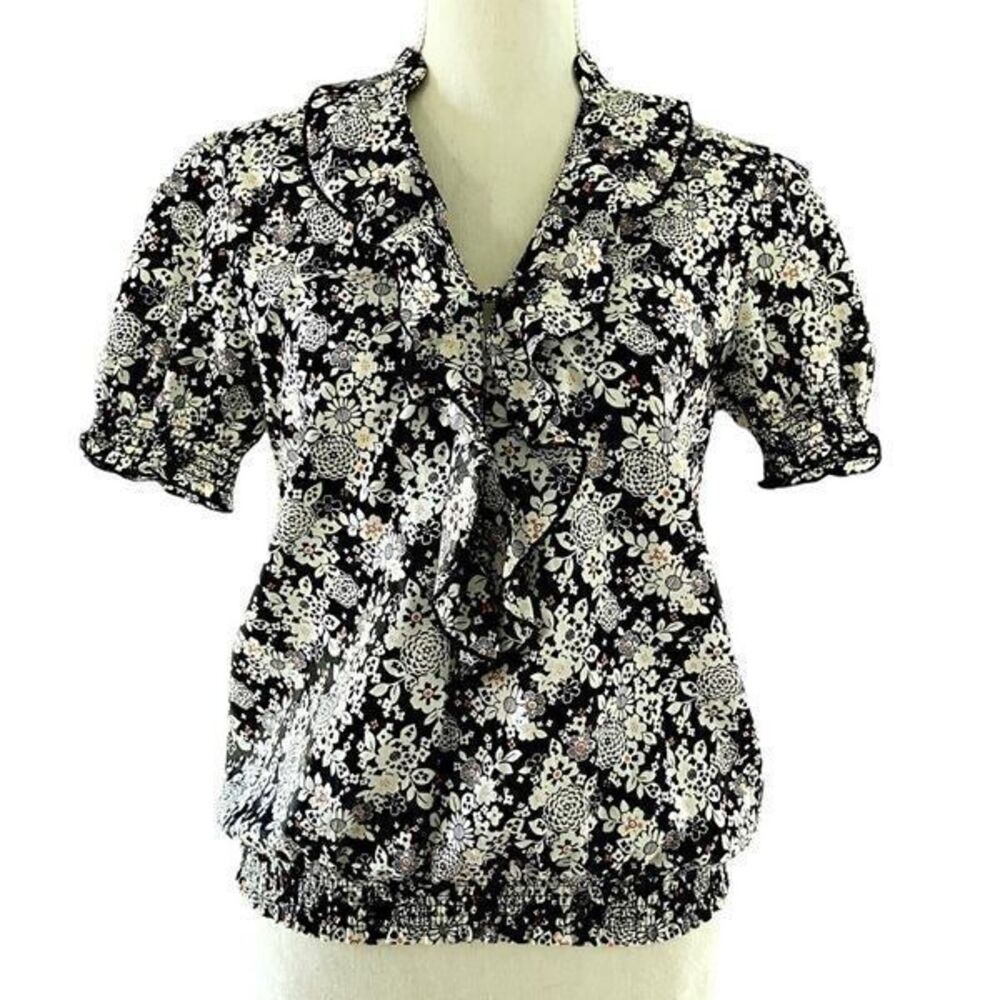 Sanctuary Black & White Floral Ruffle Blouse S